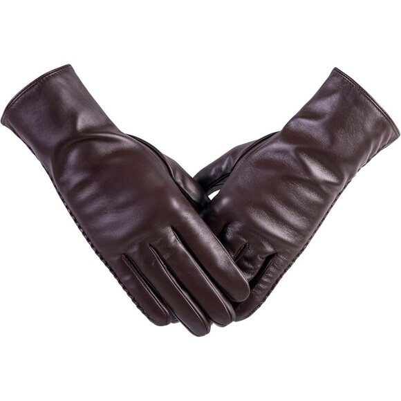 Women's Genuine Sheepskin Leather Gloves Winter Warm  Driving Dress Gloves Brown - Picture 2 of 8